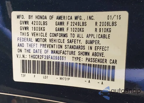 2015 Honda Accord Lx z USA, uszkodzony, nr VIN 1HGCR2F39FA098661